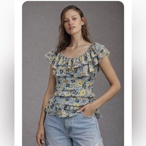 Rare Anthropologie Odille silk floral ruffle blouse